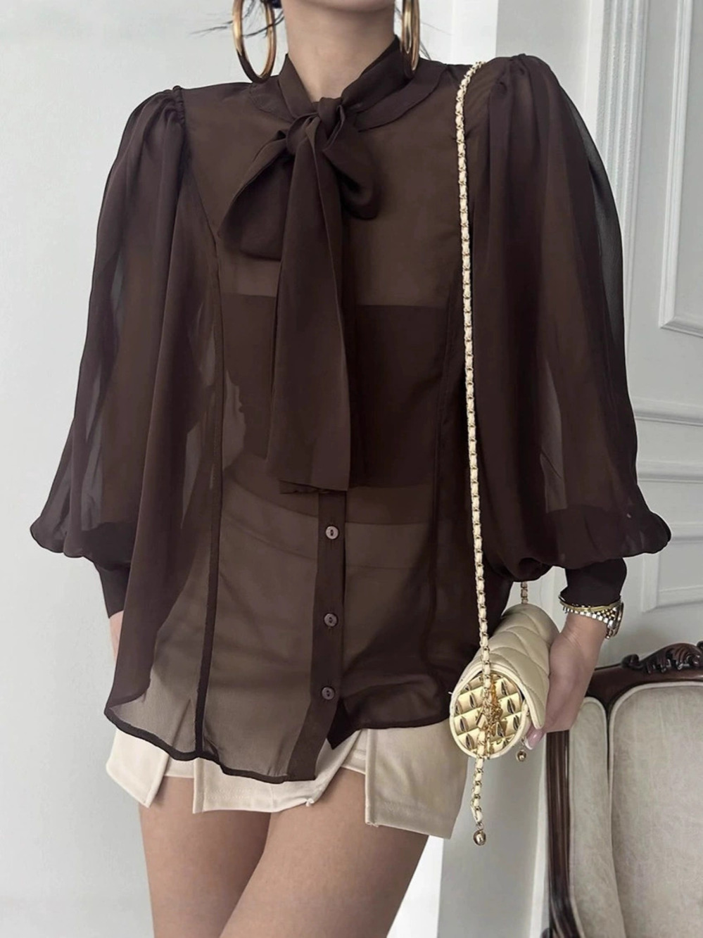 Forever 21 Chiffon Tie Work Blouse Fall Retro Loose Brown Lantern Sleeve
